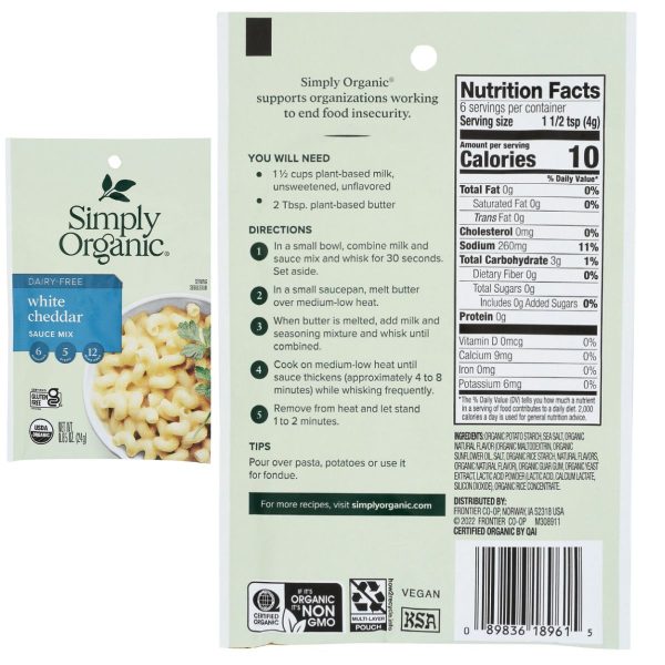 Simply Organic Dairy Free White Cheddar Sauce Mix - 0.85 oz. Sale